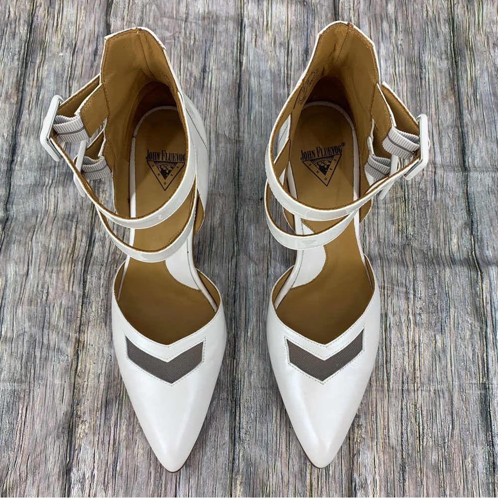 John Fluevog Modern Living Slant White Ankle Strap Heels, 9.5 - Picture 6 of 16